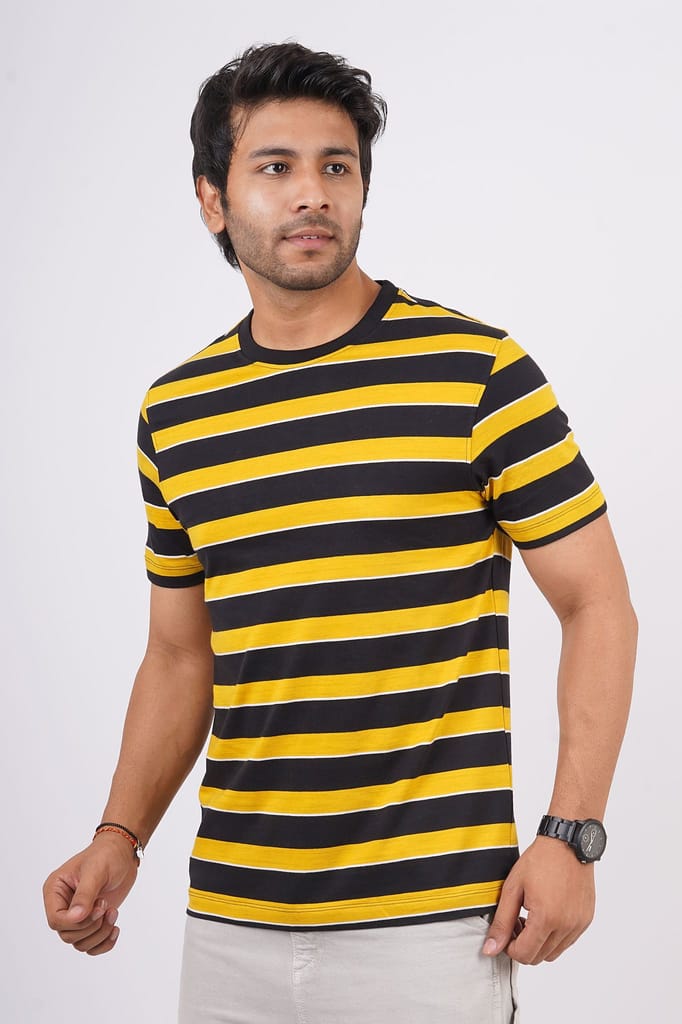 Men's Yellow Striped Crew Neck T-Shirt