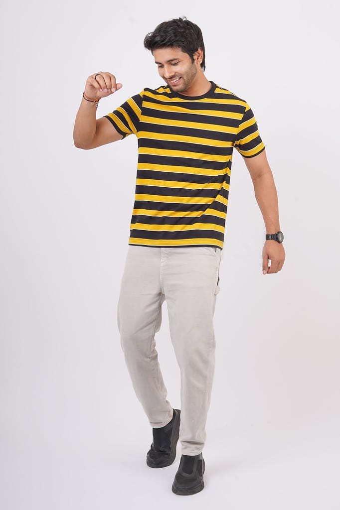 Men's Yellow Striped Crew Neck T-Shirt