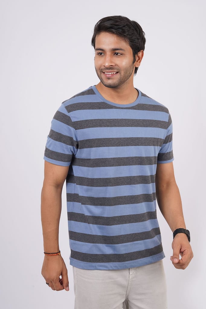 Men's Blue Striped Crew Neck T-Shirt
