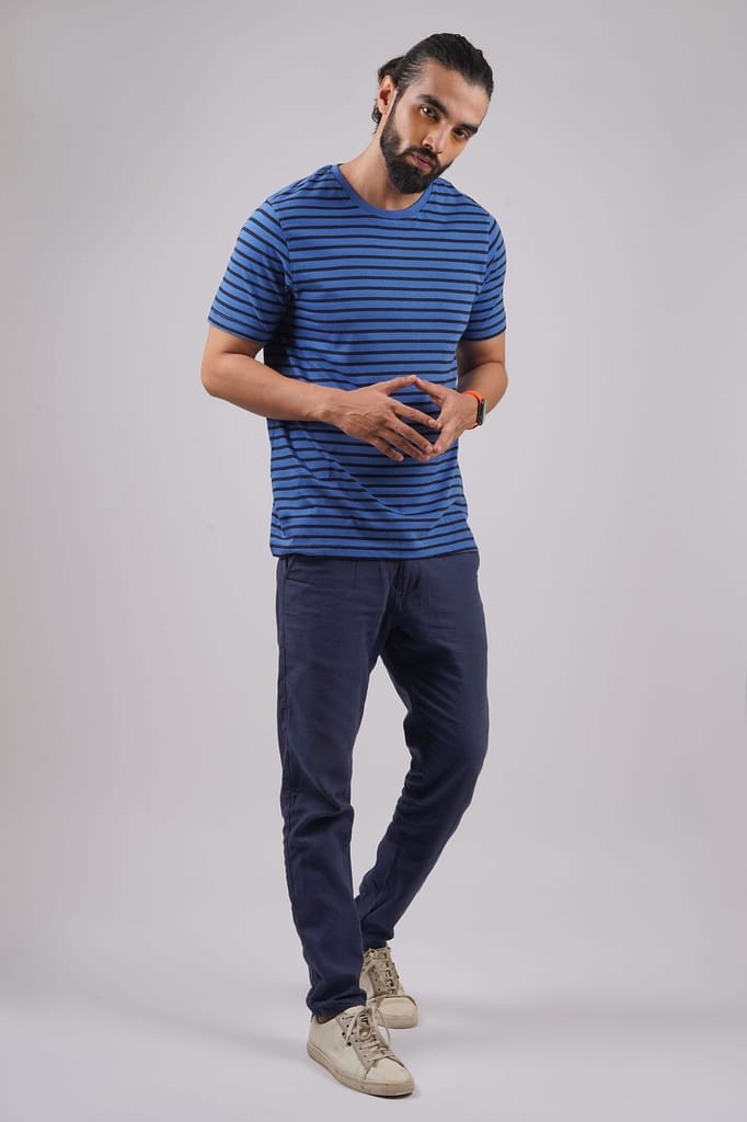 Men's Cobalt Blue Striped Crew Neck T-Shirt