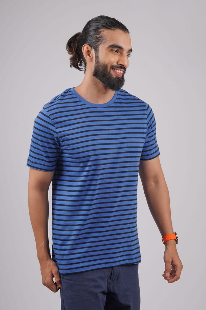 Men's Cobalt Blue Striped Crew Neck T-Shirt