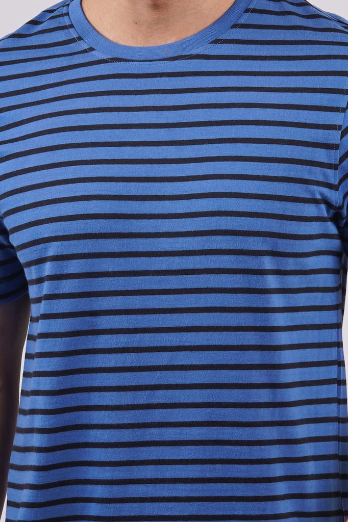 Men's Cobalt Blue Striped Crew Neck T-Shirt