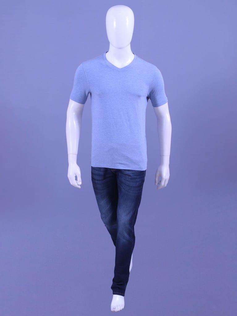 Men's Blue Melange V-Neck T-Shirt