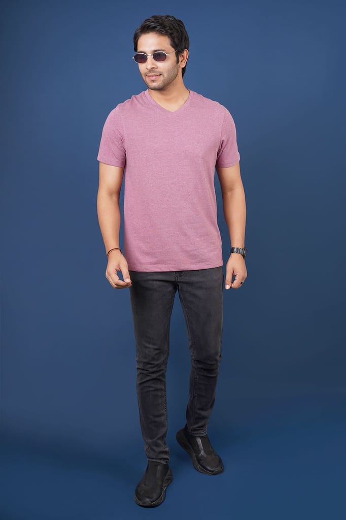 Men's Burgandy Melange V-Neck T-Shirt