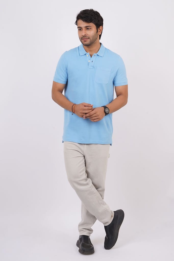 Men Sky Blue Pocket Polo T-Shirt
