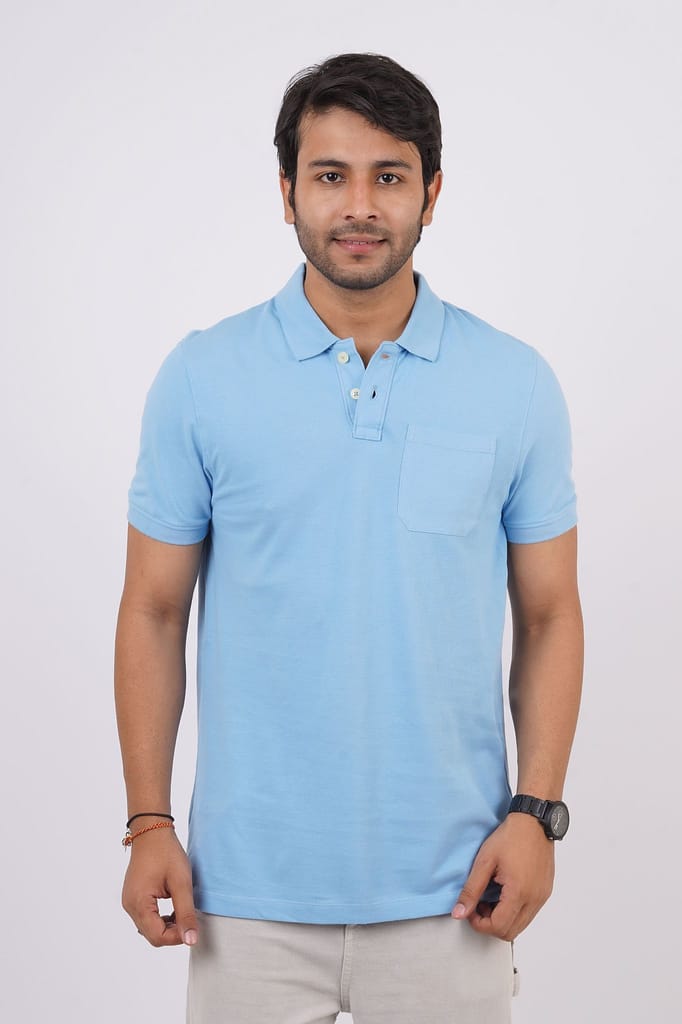 Men Sky Blue Pocket Polo T-Shirt