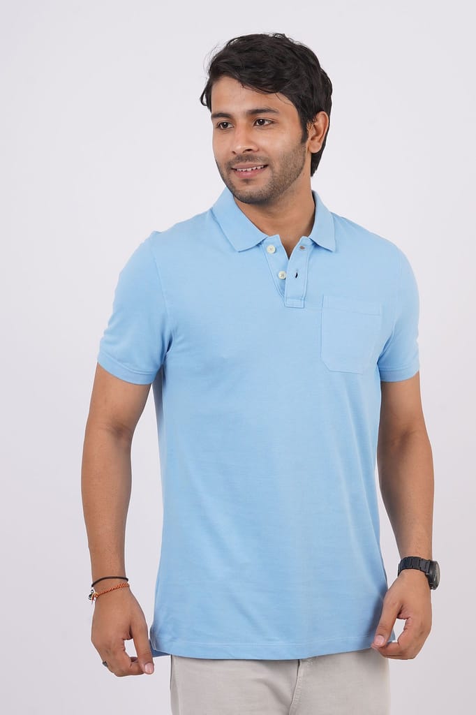 Men Sky Blue Pocket Polo T-Shirt