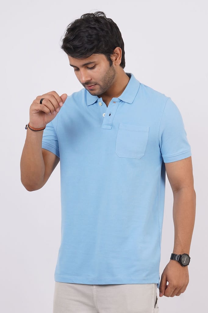 Men Sky Blue Pocket Polo T-Shirt
