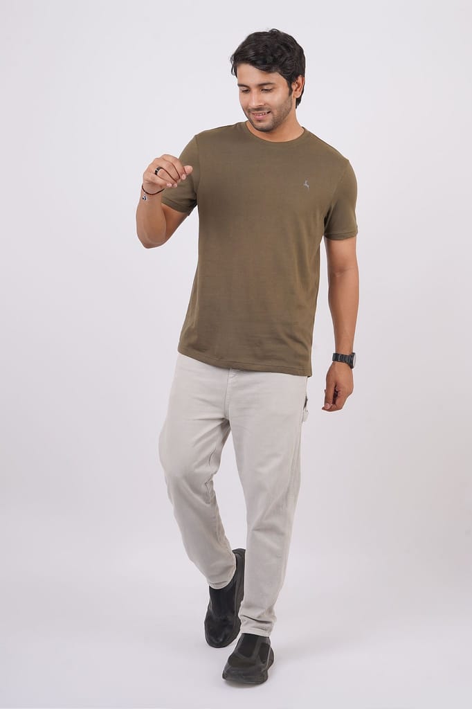Men's Olive Melange Crew Neck T-Shirt