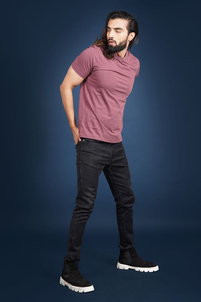 Men's Burgandy Melange Crew Neck T-Shirt