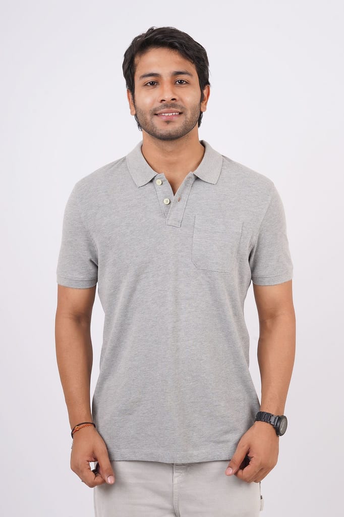 Men's Grey Melange Pocket Polo T-Shirt