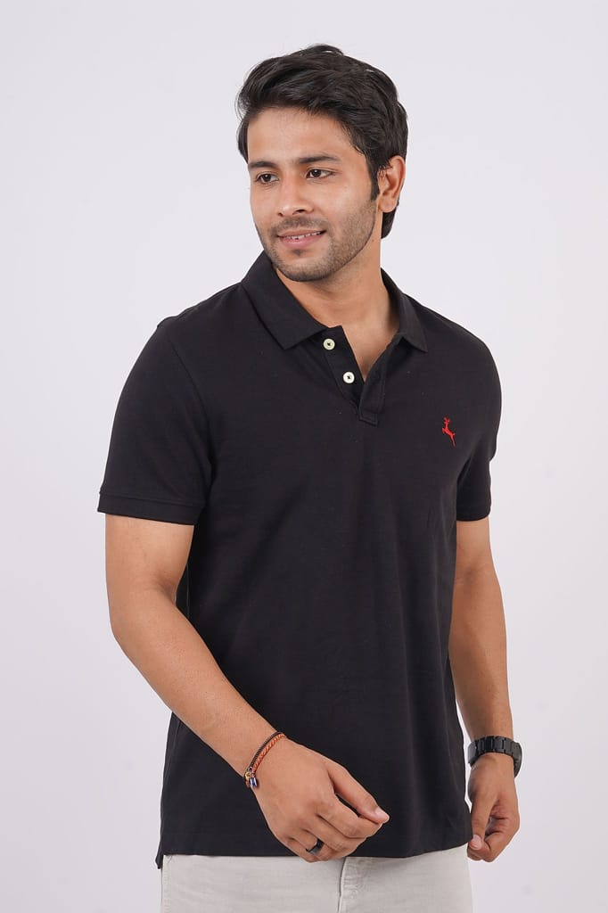 Men's Jet Black Embroidery Polo T-Shirt