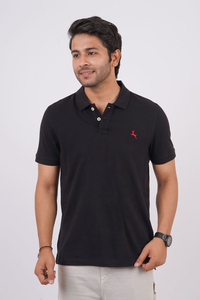 Men's Jet Black Embroidery Polo T-Shirt