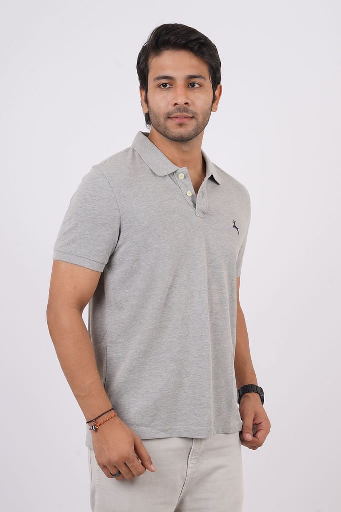Men's Grey Melange Embroidery Polo T-Shirt