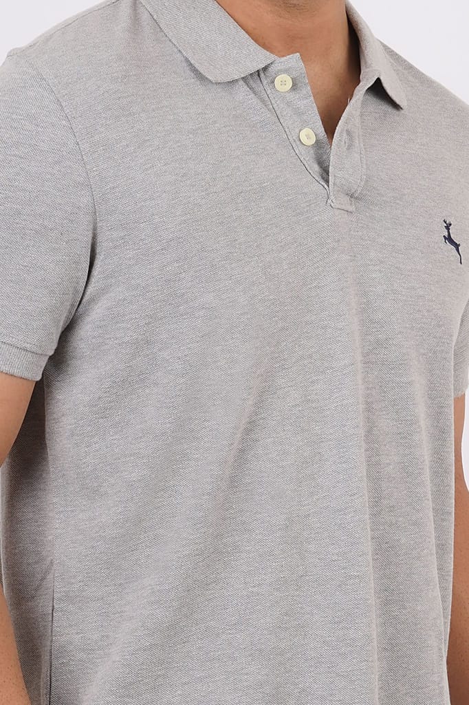 Men's Grey Melange Embroidery Polo T-Shirt