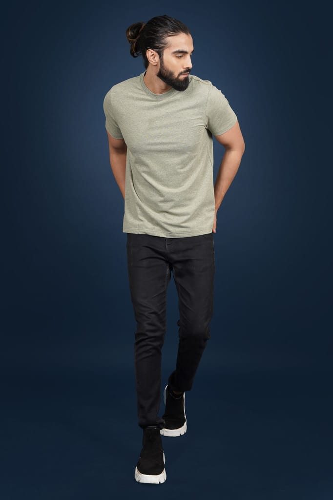 Men's Olive Melange Lycra Jersry Solid Crew