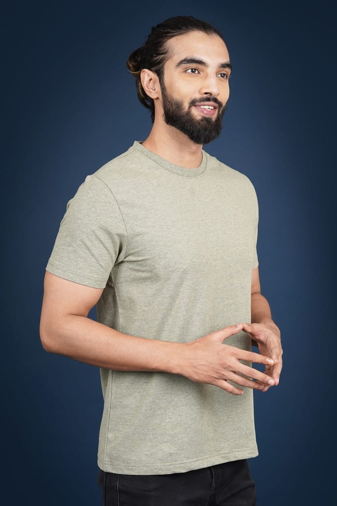 Men's Olive Melange Lycra Jersry Solid Crew