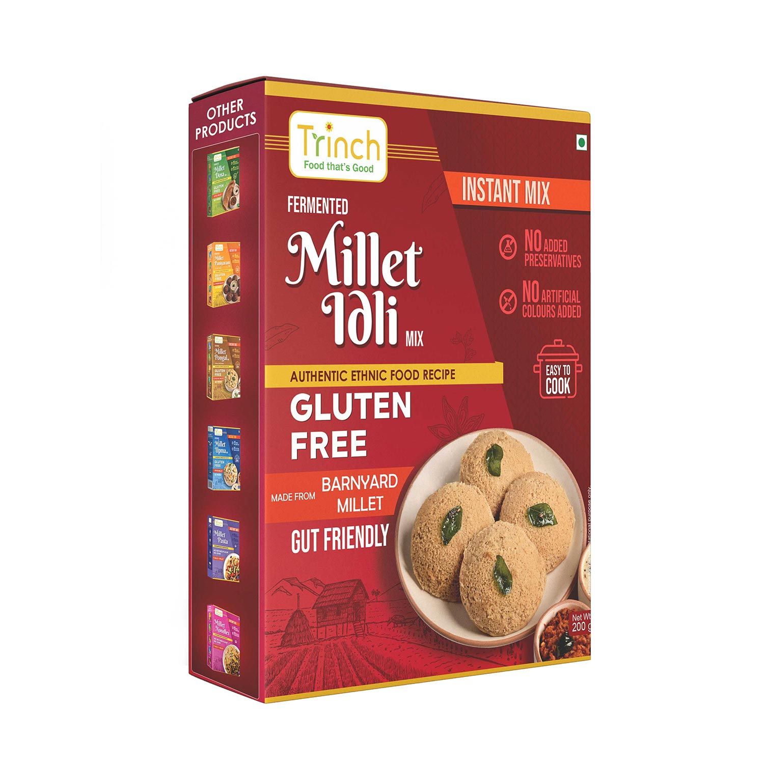 Trinch Gluten Free Millet Idli Mix - Authentic Ethnic Food Recipe, Made from Barnyard Millet, Gut Friendly, No Added Preservatives or Artificial Colors, Easy to Cook Pack of 5 (200gm each)