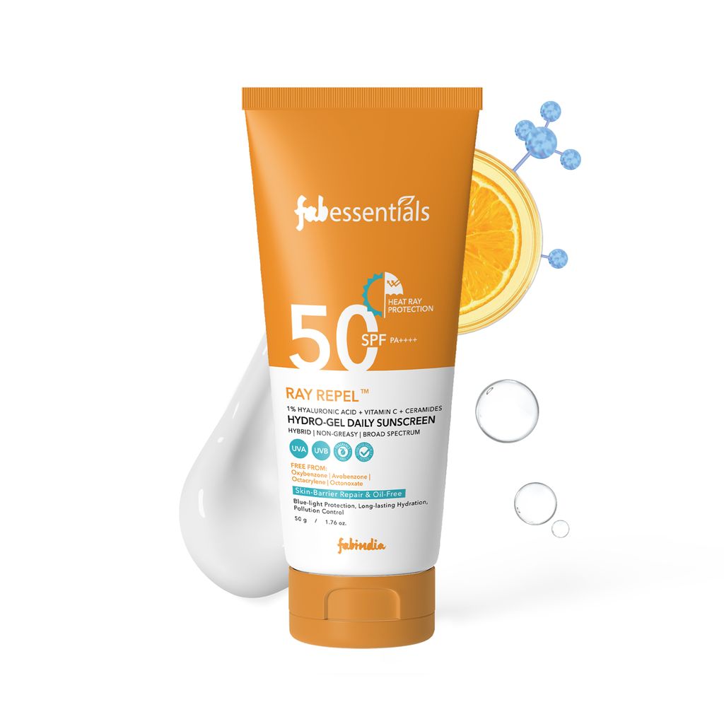 Fabessentials Hyaluronic Acid & Vitamin C Ray Repel Hydro-Gel Daily Sunscreen SPF 50 | Broad Spectrum UVA/UVB | Lightweight , Water Resistant , No White Cast, Non-Greasy Finish | Suitable for All Skin Types | 50g