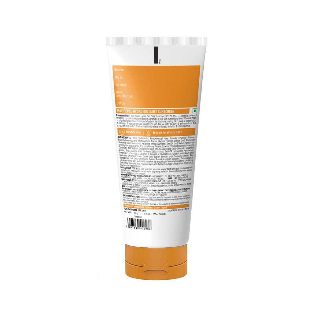 Fabessentials Hyaluronic Acid & Vitamin C Ray Repel Hydro-Gel Daily Sunscreen SPF 50 | Broad Spectrum UVA/UVB | Lightweight , Water Resistant , No White Cast, Non-Greasy Finish | Suitable for All Skin Types | 50g