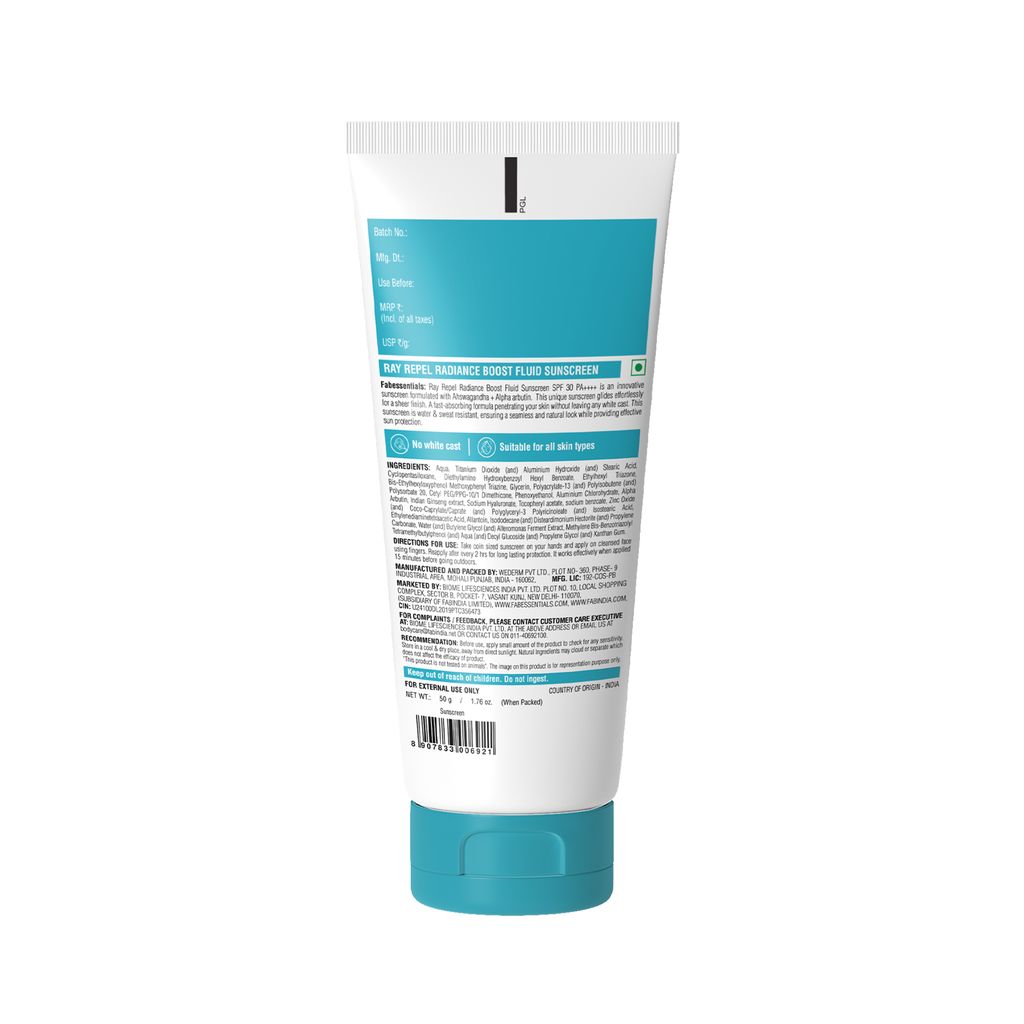 Fabessentials Ray Repel Radiance Boost Sunscreen SPF 30 PA++++ 50g | Lightweight , Water Resistant with Hybrid Broad Spectrum Formula | UVA & UVB Protection, No White Cast, Non-Greasy Finish | Suitable for All Skin Types
