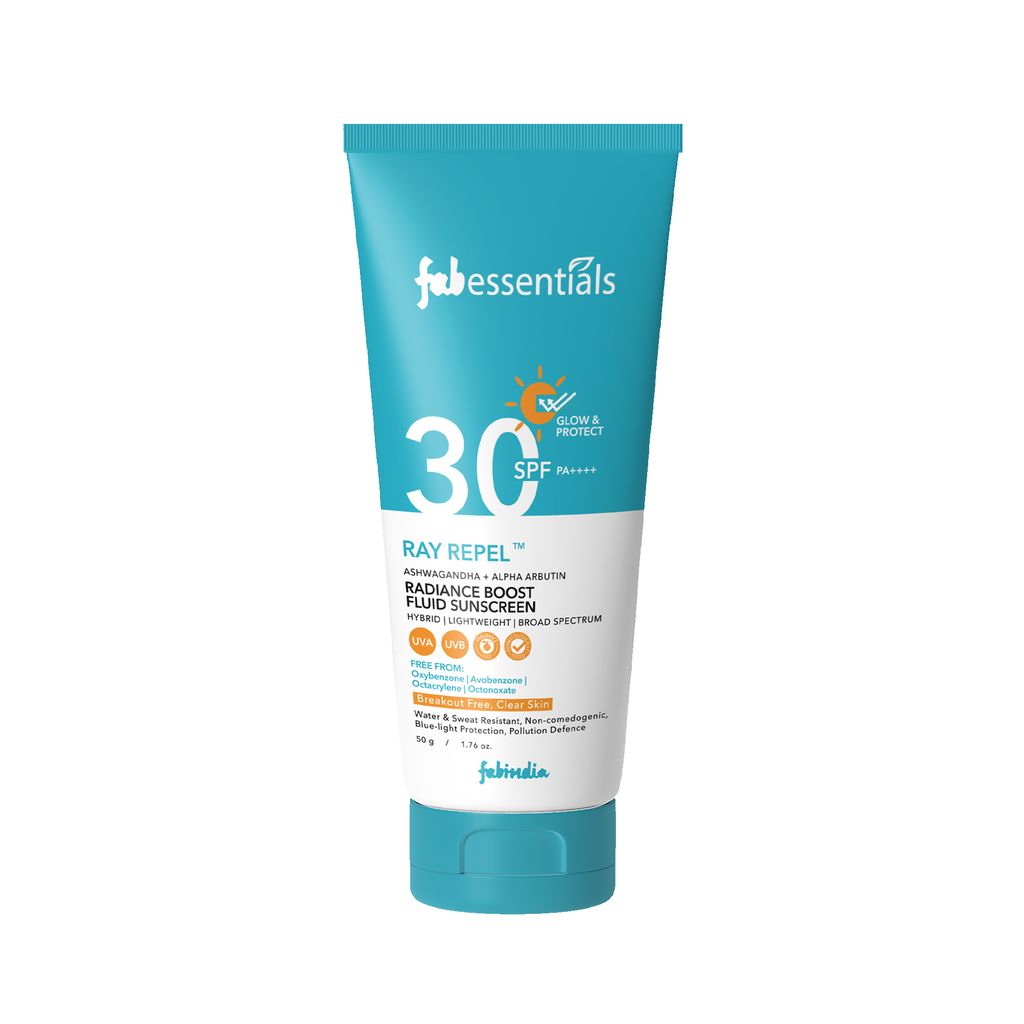 Fabessentials Ray Repel Radiance Boost Sunscreen SPF 30 PA++++ 50g | Lightweight , Water Resistant with Hybrid Broad Spectrum Formula | UVA & UVB Protection, No White Cast, Non-Greasy Finish | Suitable for All Skin Types