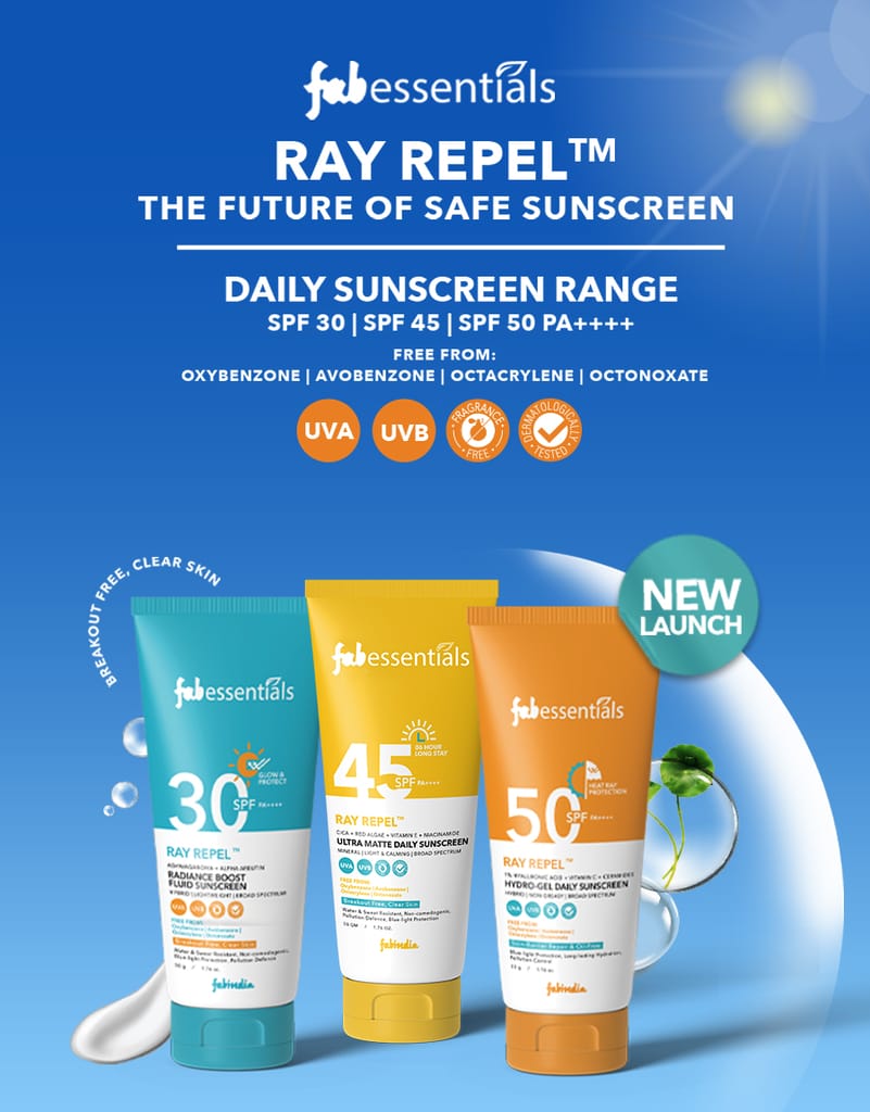 Fabessentials Ray Repel Radiance Boost Sunscreen SPF 30 PA++++ 50g | Lightweight , Water Resistant with Hybrid Broad Spectrum Formula | UVA & UVB Protection, No White Cast, Non-Greasy Finish | Suitable for All Skin Types