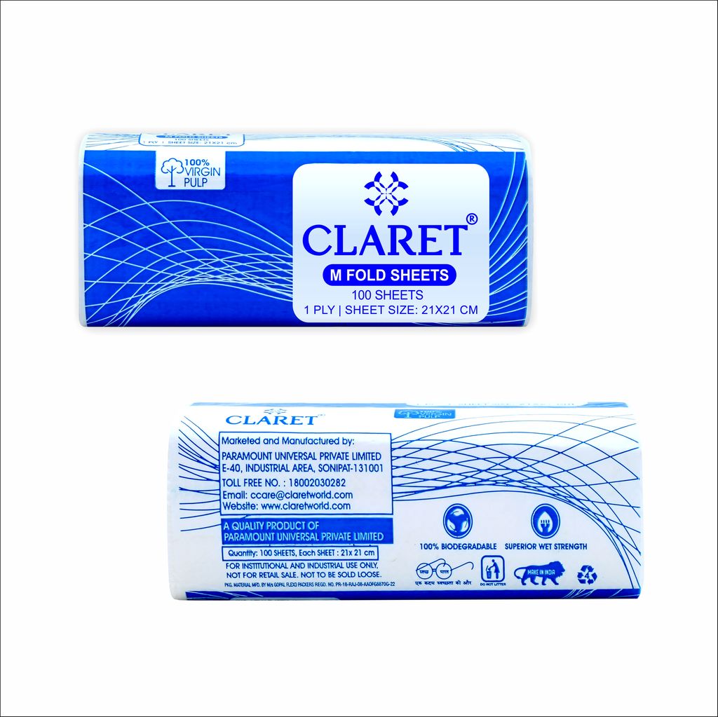 Claret Multi-Fold Tissues, 1-Ply, 100 Sheets, 21x21 cm, Made from 100% Virgin Pulp, Soft & Absorbent White Napkins for Home, Office or Events