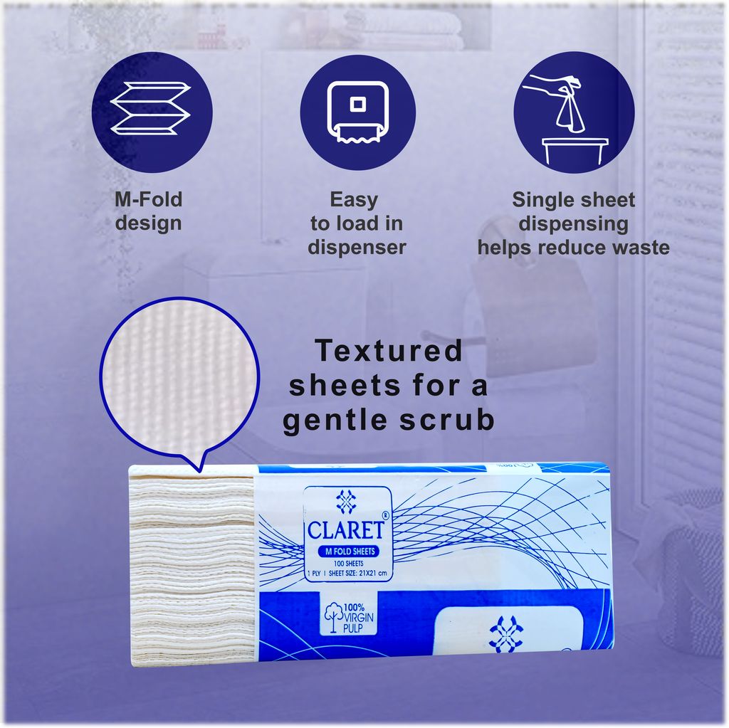 Claret Multi-Fold Tissues, 1-Ply, 100 Sheets, 21x21 cm, Made from 100% Virgin Pulp, Soft & Absorbent White Napkins for Home, Office or Events