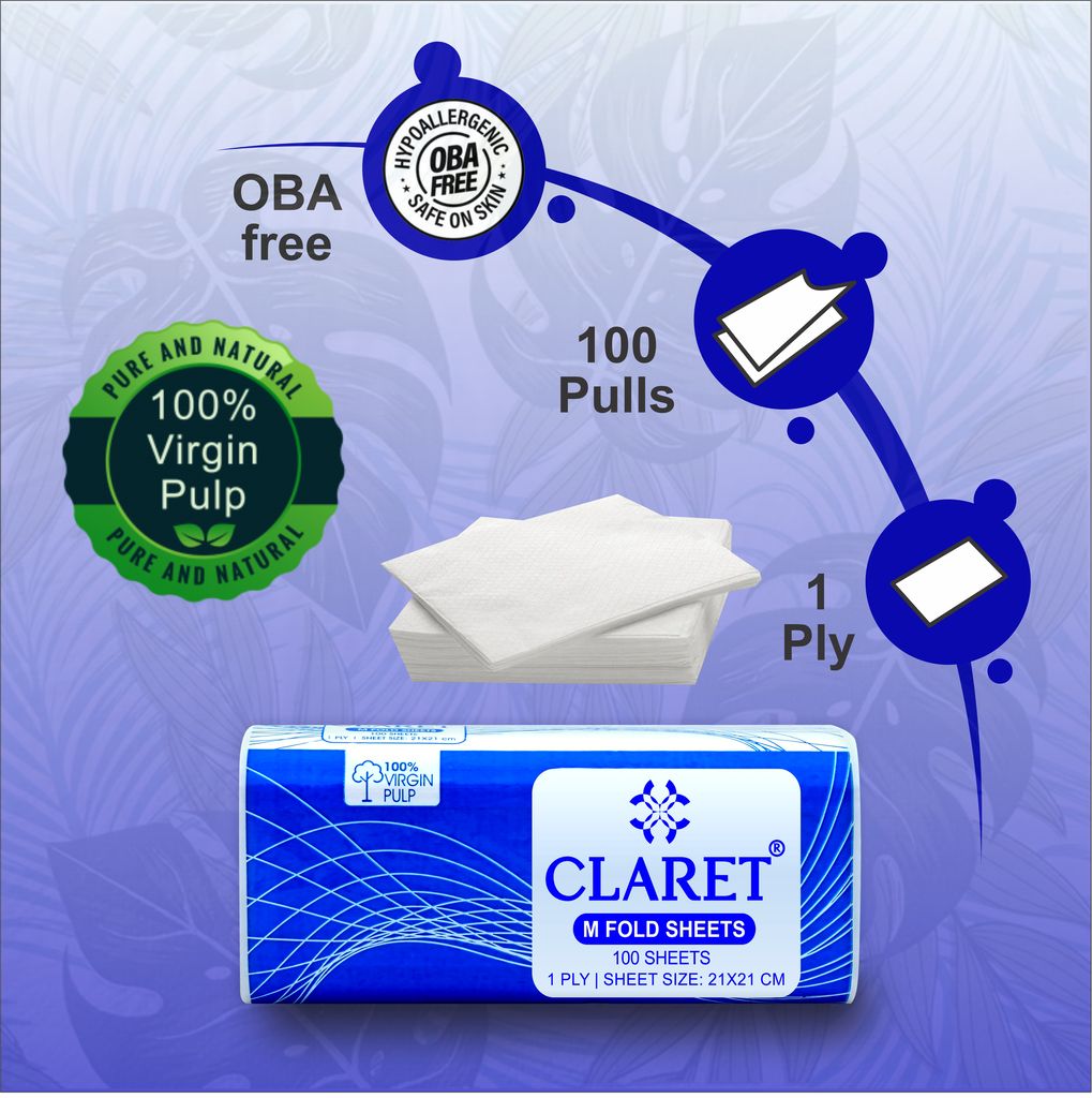Claret Multi-Fold Tissues, 1-Ply, 100 Sheets, 21x21 cm, Made from 100% Virgin Pulp, Soft & Absorbent White Napkins for Home, Office or Events