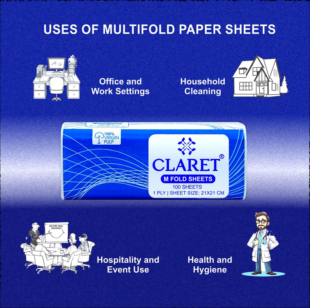 Claret Multi-Fold Tissues, 1-Ply, 100 Sheets, 21x21 cm, Made from 100% Virgin Pulp, Soft & Absorbent White Napkins for Home, Office or Events