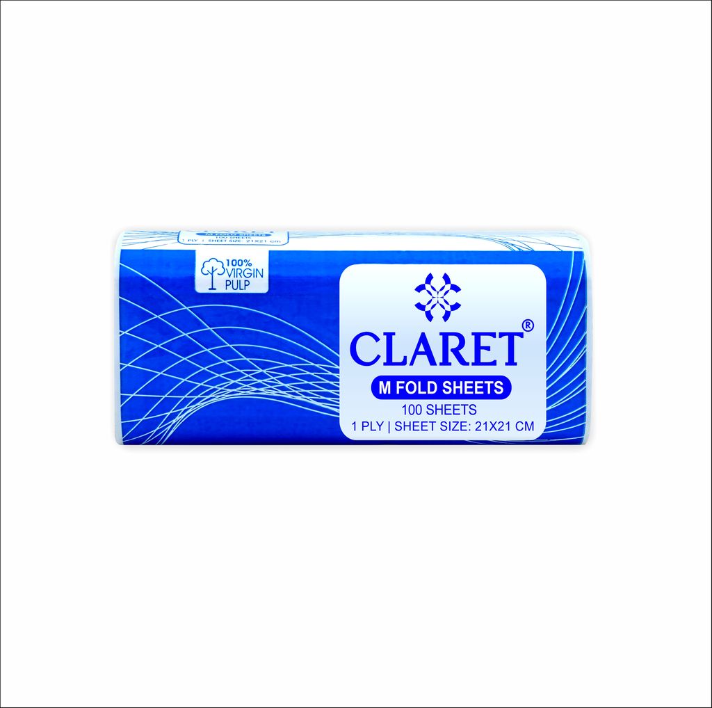 Claret Multi-Fold Tissues, 1-Ply, 100 Sheets, 21x21 cm, Made from 100% Virgin Pulp, Soft & Absorbent White Napkins for Home, Office or Events