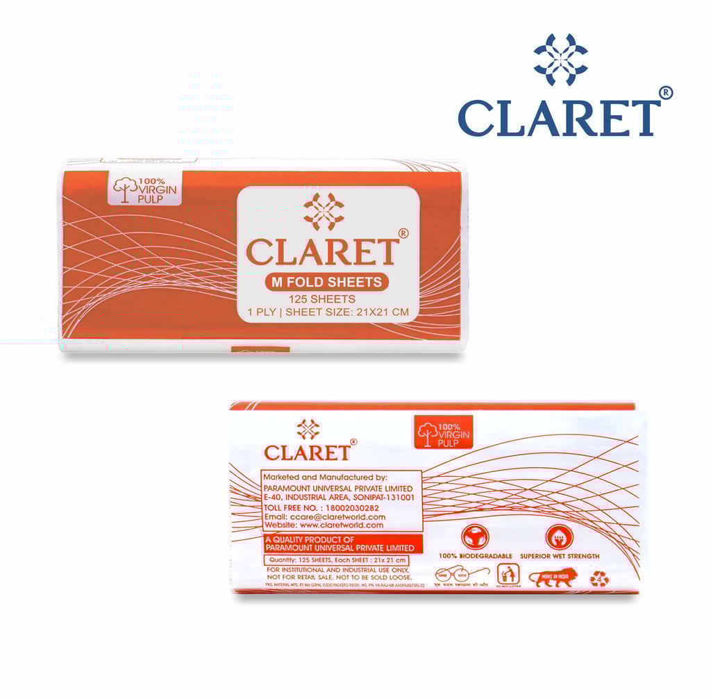 Claret Soft M-Fold Paper Towels, 21x21 cm, 125 Sheets per Pack, High Absorbency, Pack of 12, Ideal for Home, Office and Commercial Use