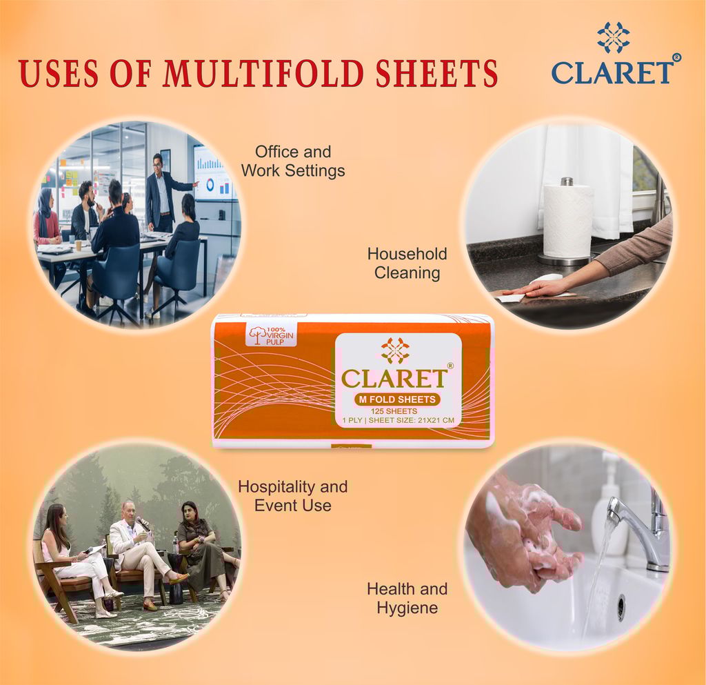 Claret Soft M-Fold Paper Towels, 21x21 cm, 125 Sheets per Pack, High Absorbency, Pack of 12, Ideal for Home, Office and Commercial Use