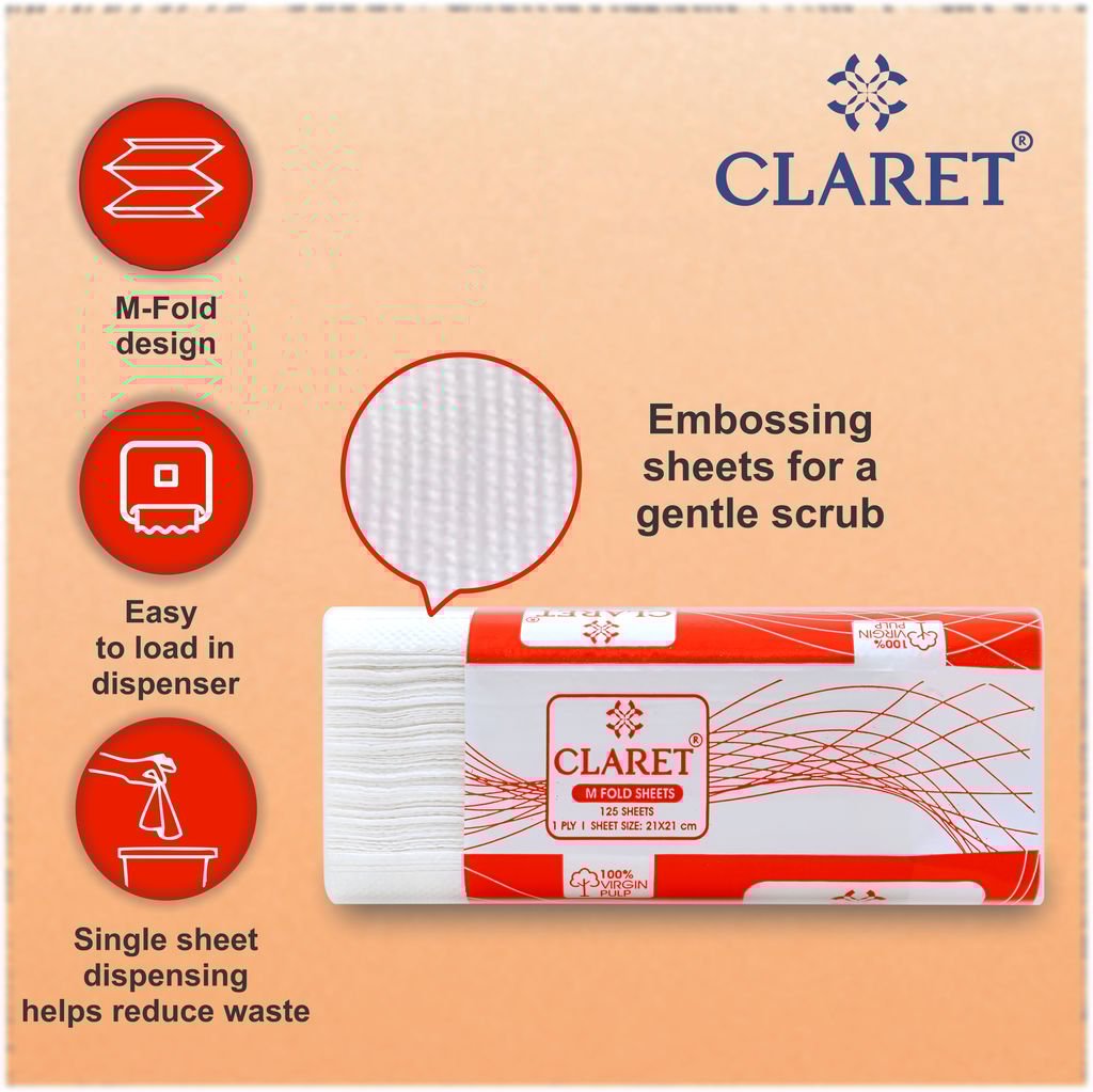 Claret Soft M-Fold Paper Towels, 21x21 cm, 125 Sheets per Pack, High Absorbency, Pack of 12, Ideal for Home, Office and Commercial Use