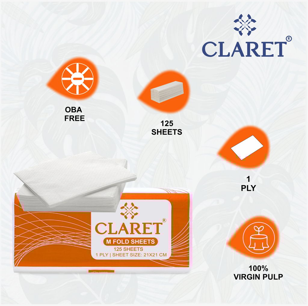 Claret Soft M-Fold Paper Towels, 21x21 cm, 125 Sheets per Pack, High Absorbency, Pack of 12, Ideal for Home, Office and Commercial Use