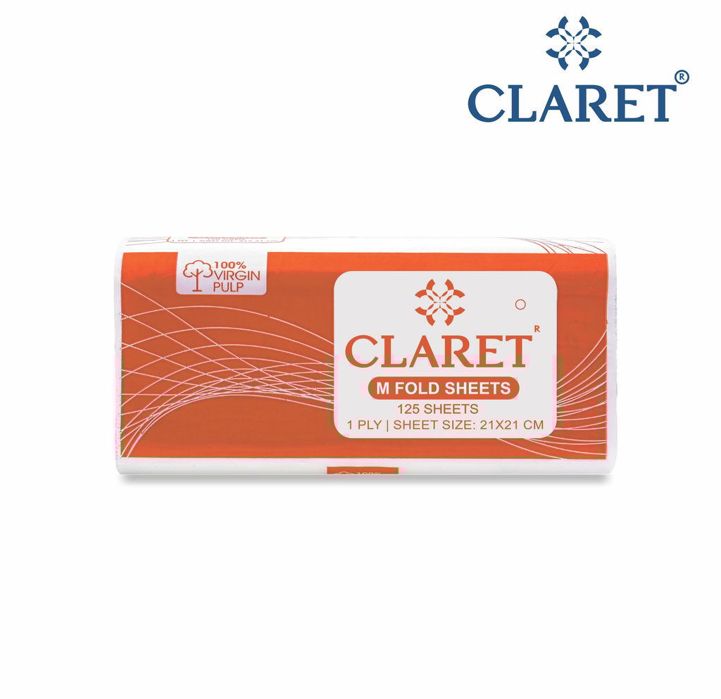 Claret Soft M-Fold Paper Towels, 21x21 cm, 125 Sheets per Pack, High Absorbency, Pack of 12, Ideal for Home, Office and Commercial Use