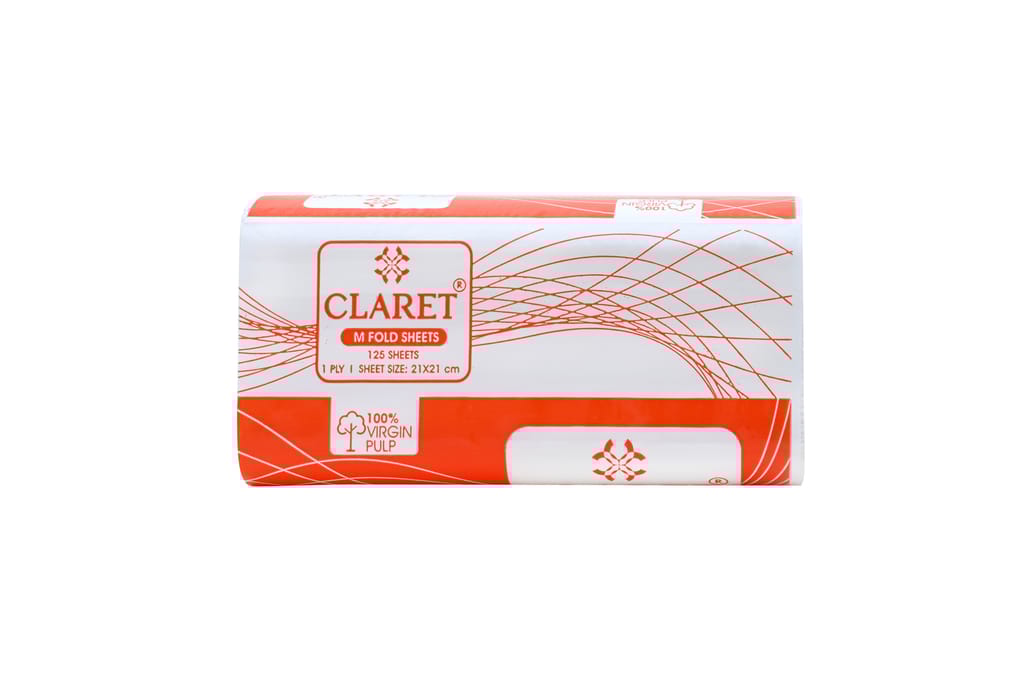Claret Soft M-Fold Paper Towels, 21x21 cm, 125 Sheets per Pack, High Absorbency, Pack of 12, Ideal for Home, Office and Commercial Use