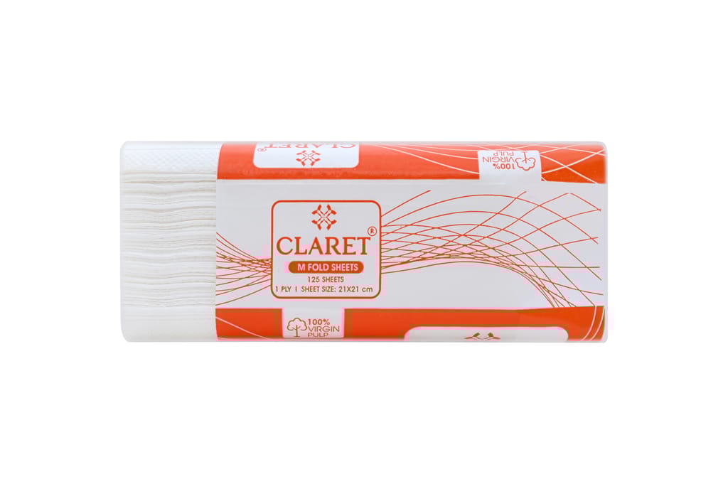 Claret Soft M-Fold Paper Towels, 21x21 cm, 125 Sheets per Pack, High Absorbency, Pack of 12, Ideal for Home, Office and Commercial Use