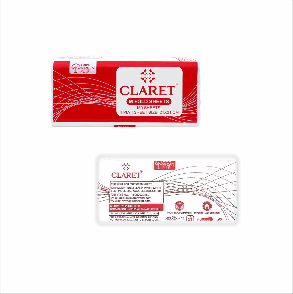 Claret M-Fold Paper Towels, 21x21 cm, High Absorbency, 150 Sheets per Pack, Pack of 12, Made from Virgin Fiber, Ideal for Home, Office
