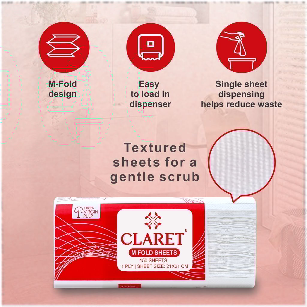 Claret M-Fold Paper Towels, 21x21 cm, High Absorbency, 150 Sheets per Pack, Pack of 12, Made from Virgin Fiber, Ideal for Home, Office