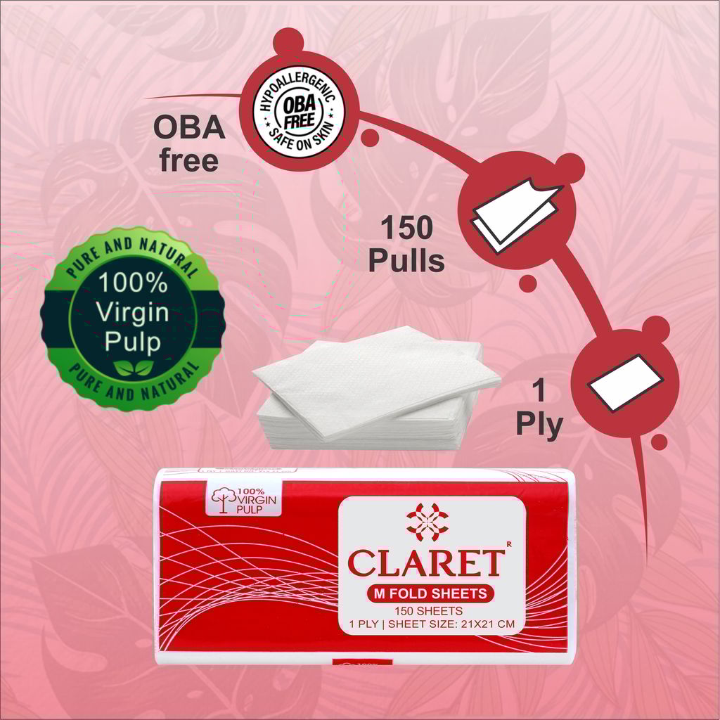 Claret M-Fold Paper Towels, 21x21 cm, High Absorbency, 150 Sheets per Pack, Pack of 12, Made from Virgin Fiber, Ideal for Home, Office