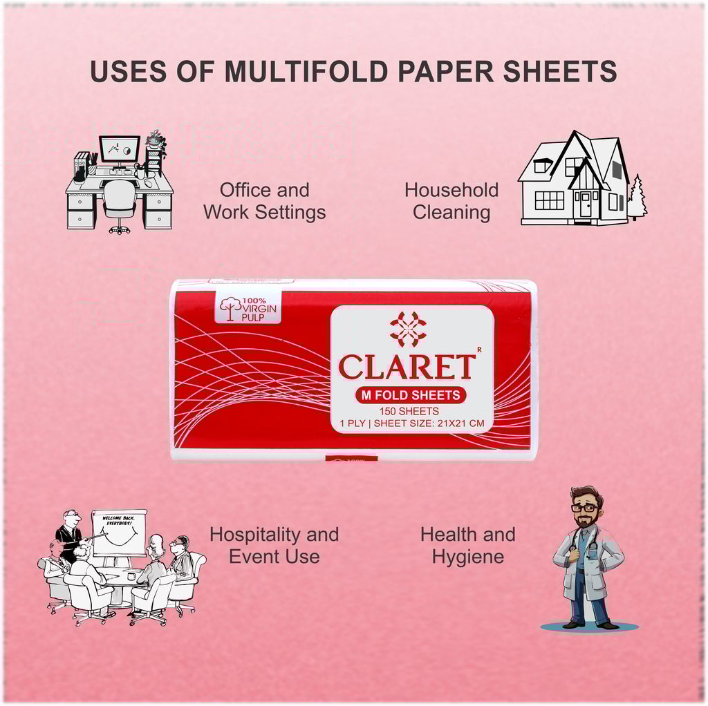 Claret M-Fold Paper Towels, 21x21 cm, High Absorbency, 150 Sheets per Pack, Pack of 12, Made from Virgin Fiber, Ideal for Home, Office
