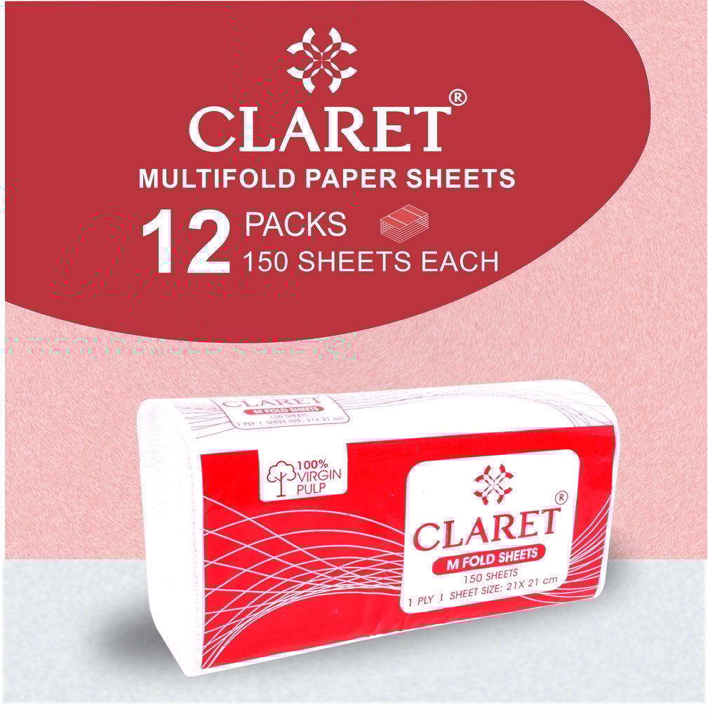 Claret M-Fold Paper Towels, 21x21 cm, High Absorbency, 150 Sheets per Pack, Pack of 12, Made from Virgin Fiber, Ideal for Home, Office