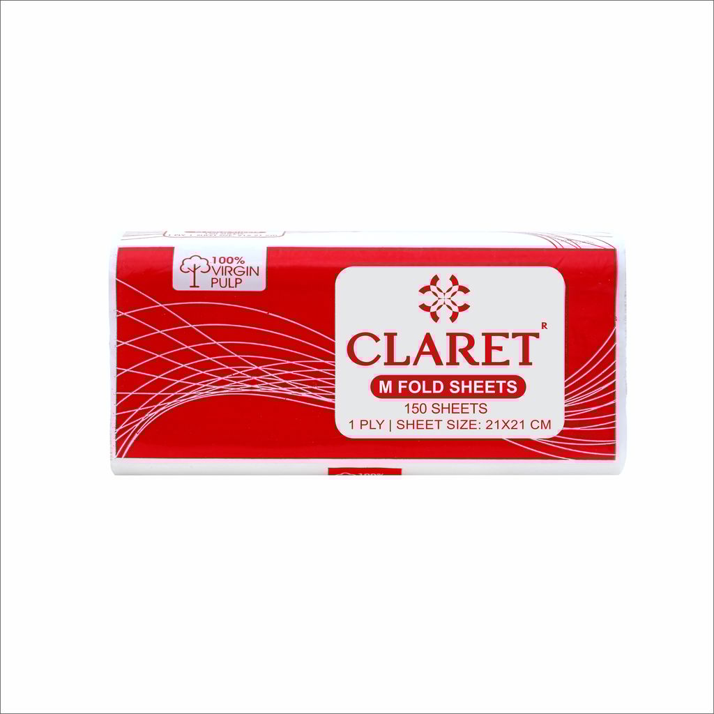 Claret M-Fold Paper Towels, 21x21 cm, High Absorbency, 150 Sheets per Pack, Pack of 12, Made from Virgin Fiber, Ideal for Home, Office