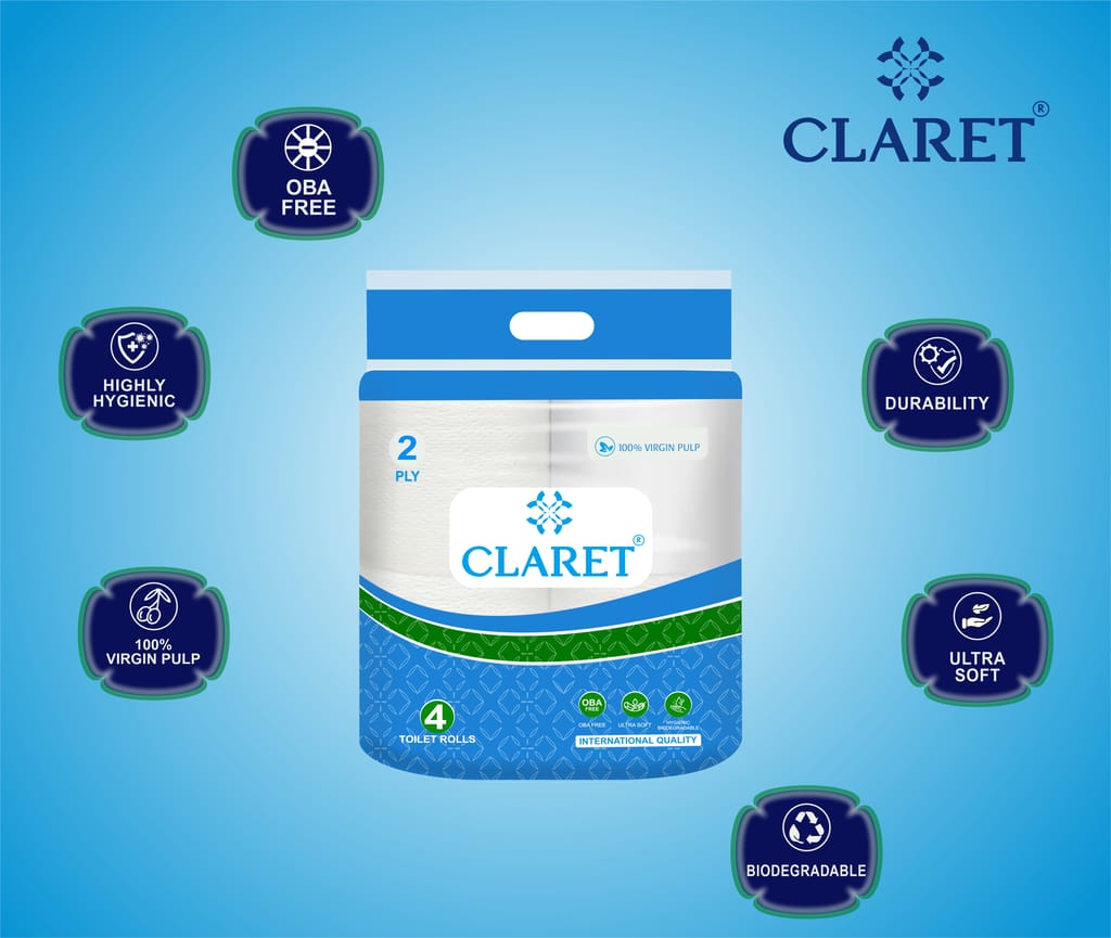 Claret Super Soft Toilet Paper – Hygienic & Super Soft, Toilet Paper, Hygienic, Eco-Friendly, Virgin Pulp, 100% Virgin Pulp (4 Rolls, 300 Pulls Each)