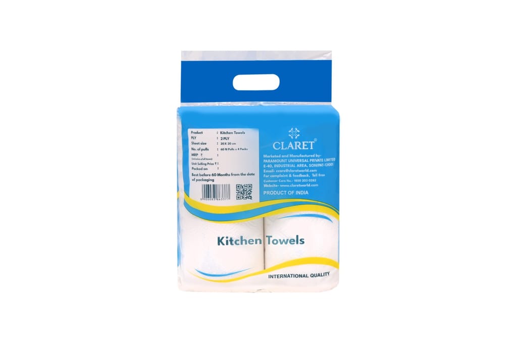 Claret Kitchen Roll, 20x20 cm, 60 Pulls per Roll, 2 Ply, 4 Pack, Soft & Absorbent, Ideal for Cleaning, Wiping Surfaces and Quick Spill Cleanup