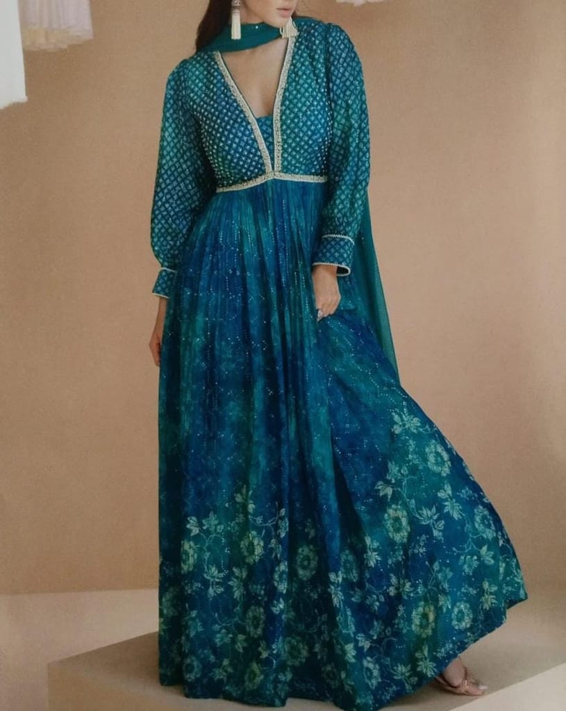 Premium Women Women's Blue Floral Printed Long Sleeve Maxi Dress 2025 at ShopCircuit | ONDC