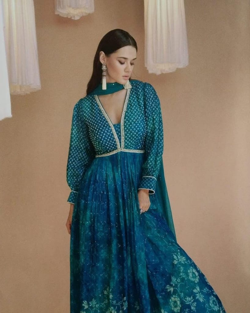 Premium Women Women's Blue Floral Printed Long Sleeve Maxi Dress 2025 at ShopCircuit | ONDC
