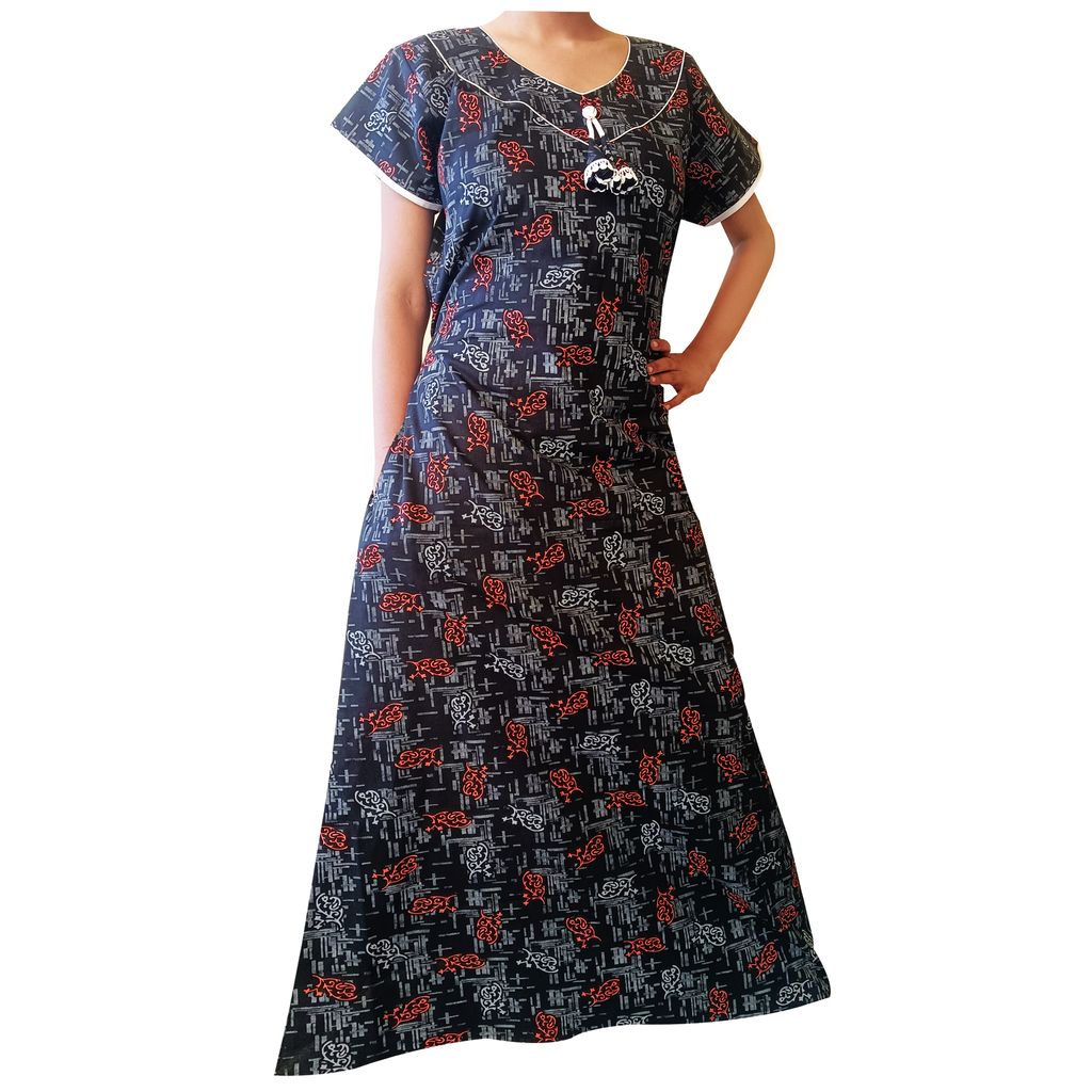 Women's Cotton Maxi Nightgown - Black with Red Floral Print
